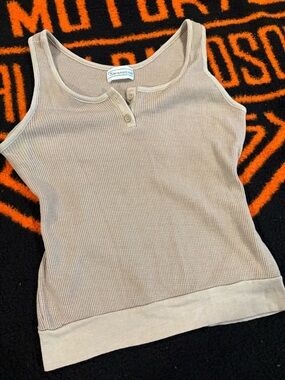 Vintage Ribbed Henley Tank Top in Beige